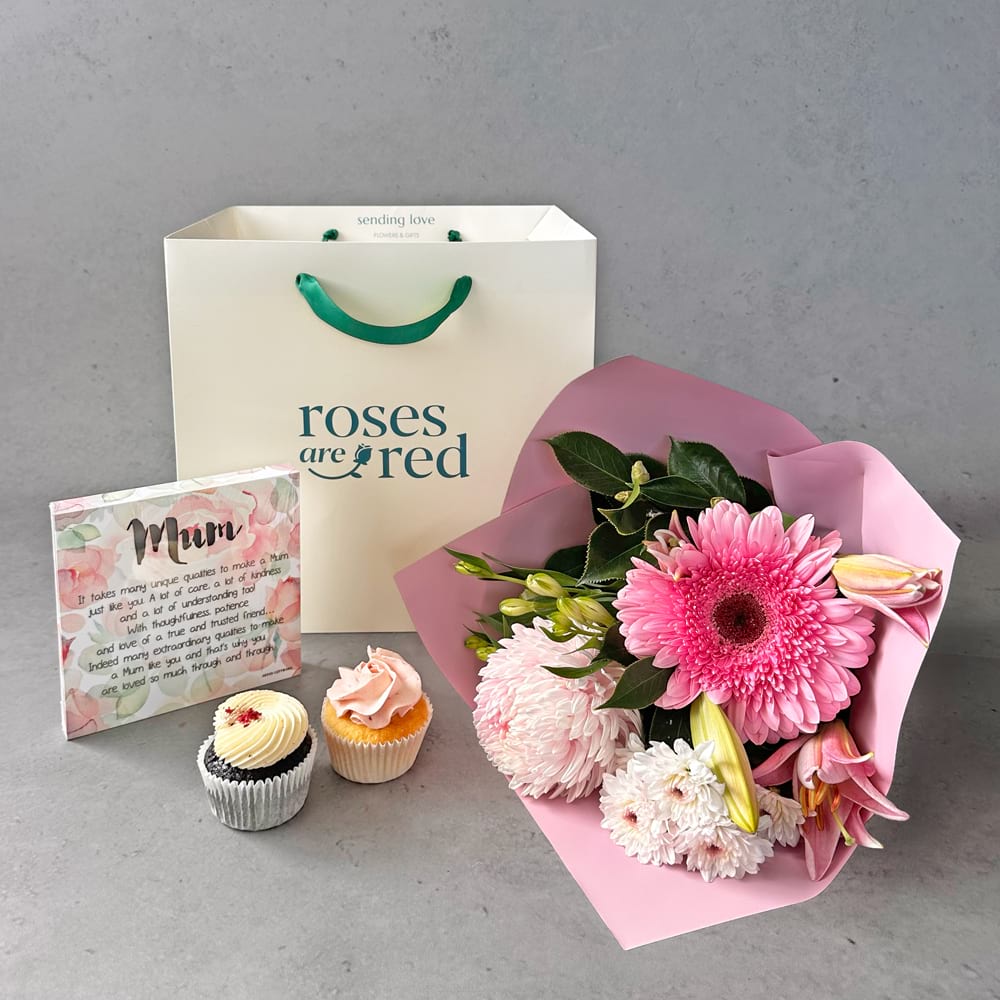 Mumâ€™s Sweet Glow gift set with mini flower posy, cupcakes and LED Mum keepsake plaque, Auckland delivery